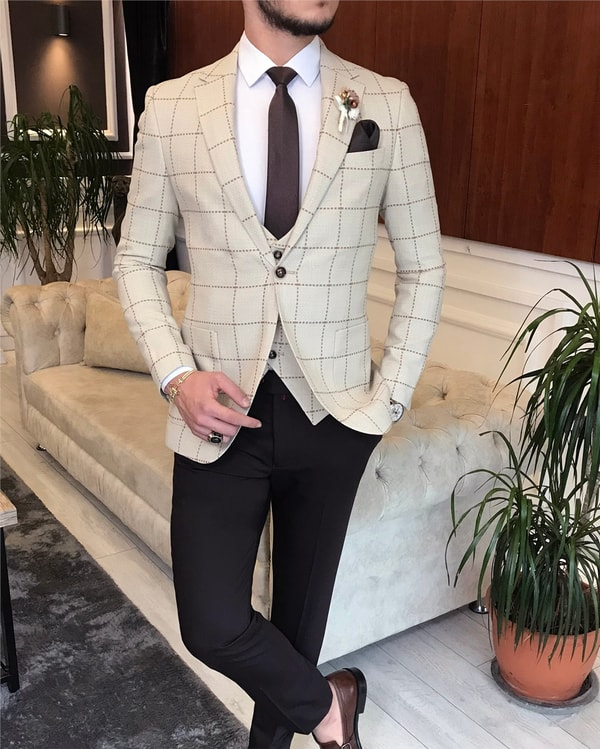 İtalyan stil slim ceket yelek kombin bej T6456