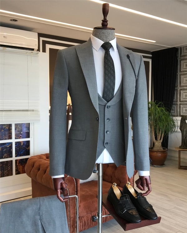 İtalyan stil slim ceket yelek pantolon takım elbise gri T6112 · 2