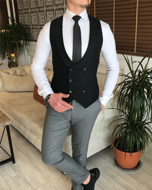 İtalyan stil slim ceket yelek pantolon kombin Siyah T4522 · 3