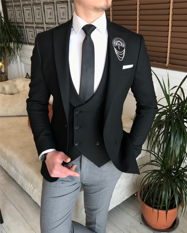 İtalyan stil slim ceket yelek pantolon kombin Siyah T4522 · 4