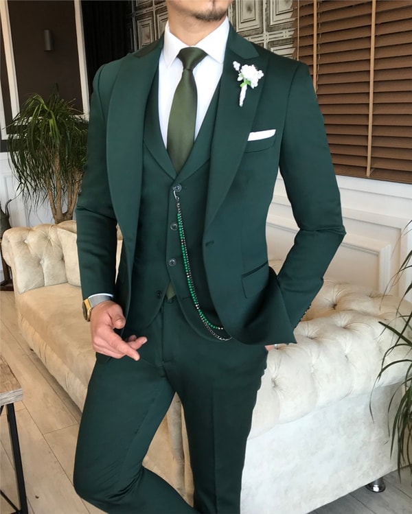 İtalyan stil slim ceket yelek pantolon takım elbise yeşil T6135 · 2