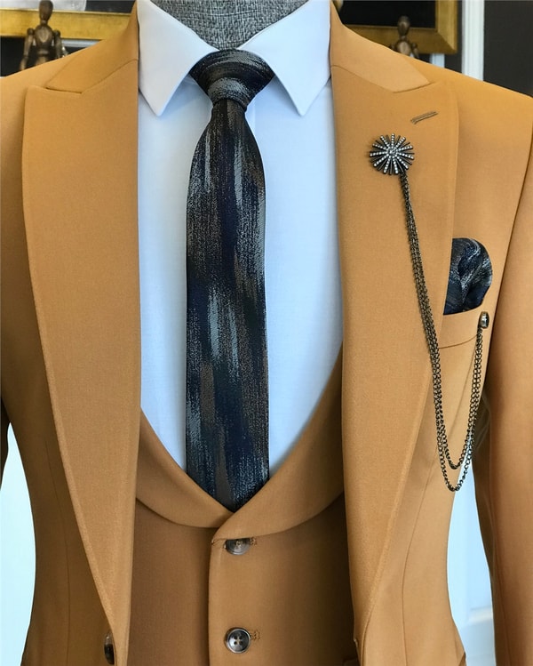 İtalyan stil slim ceket yelek pantolon takım elbise camel T6118 · 5