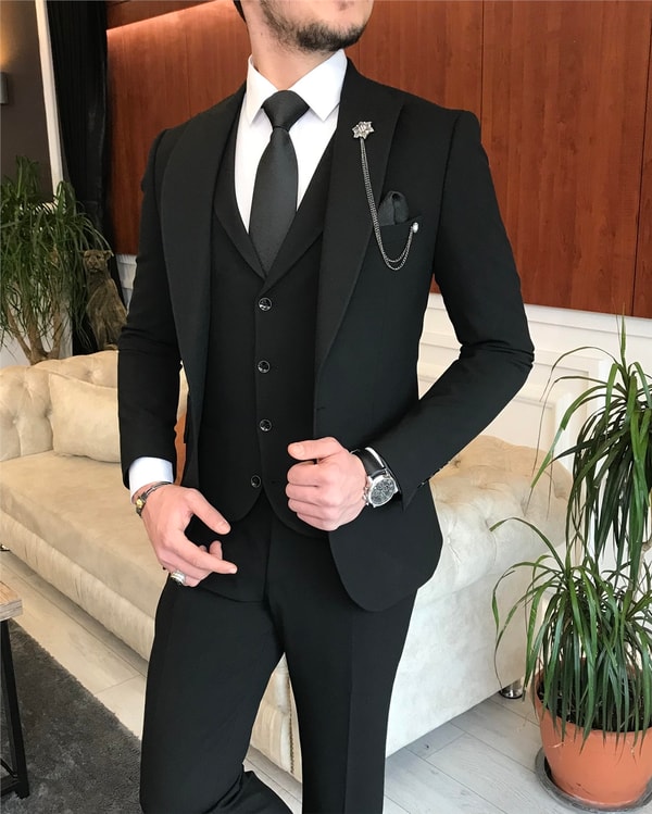 İtalyan stil slim ceket yelek pantolon takım elbise siyah T6121 · 4