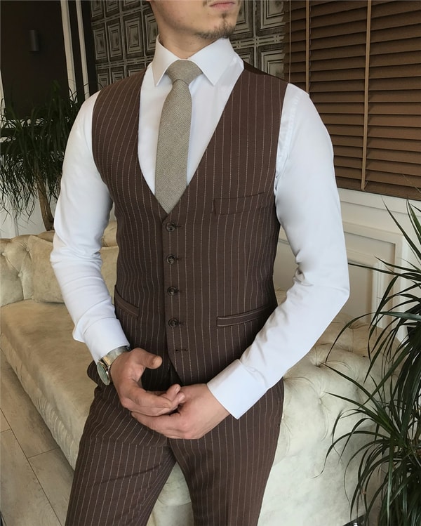 İtalyan stil slim ceket yelek pantolon takım elbise kahverengi T5956 · 2
