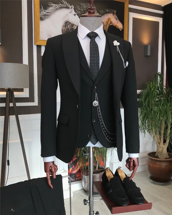 İtalyan stil slim ceket yelek pantolon takım elbise siyah T6121 · 6