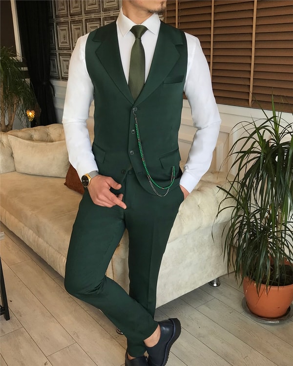İtalyan stil slim ceket yelek pantolon takım elbise yeşil T6135 · 3