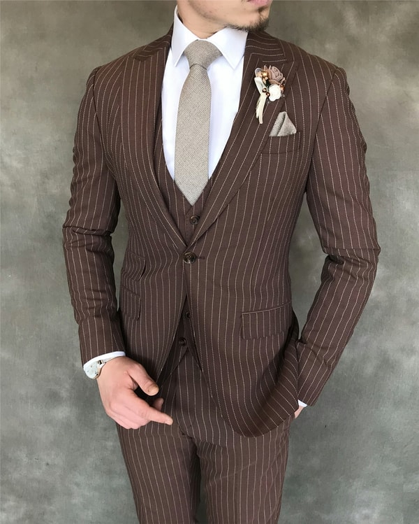 İtalyan stil slim ceket yelek pantolon takım elbise kahverengi T5956 · 4