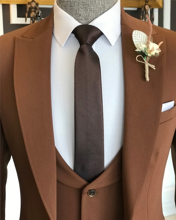 İtalyan stil slim ceket yelek pantolon takım elbise kahverengi T6119 · 4
