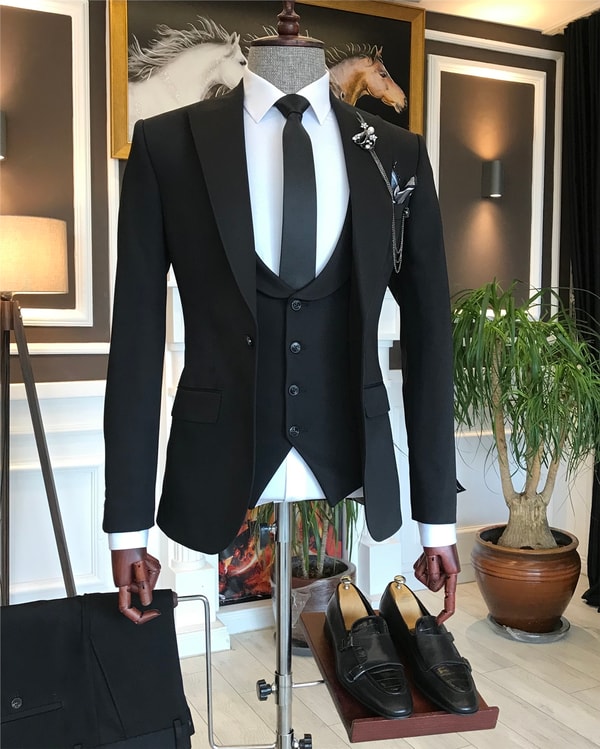 İtalyan stil slim ceket yelek pantolon takım elbise siyah T6115 · 2