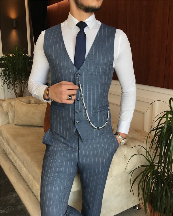 İtalyan stil slim ceket yelek pantolon takım elbise mavi T6234 · 12