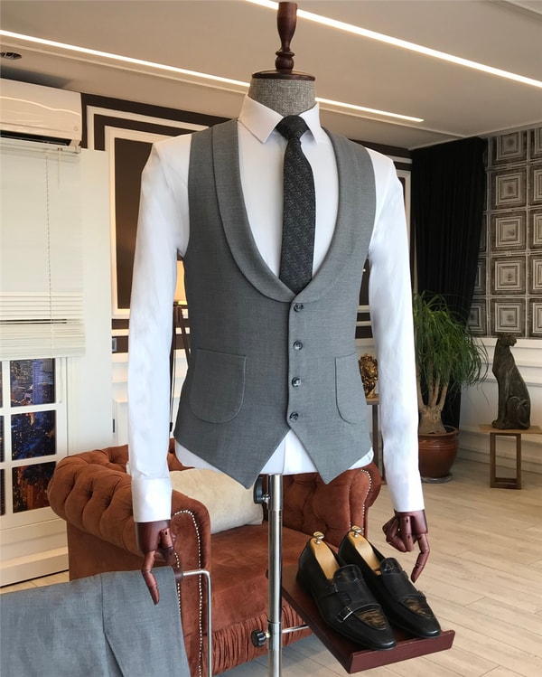 İtalyan stil slim ceket yelek pantolon takım elbise gri T6112 · 4