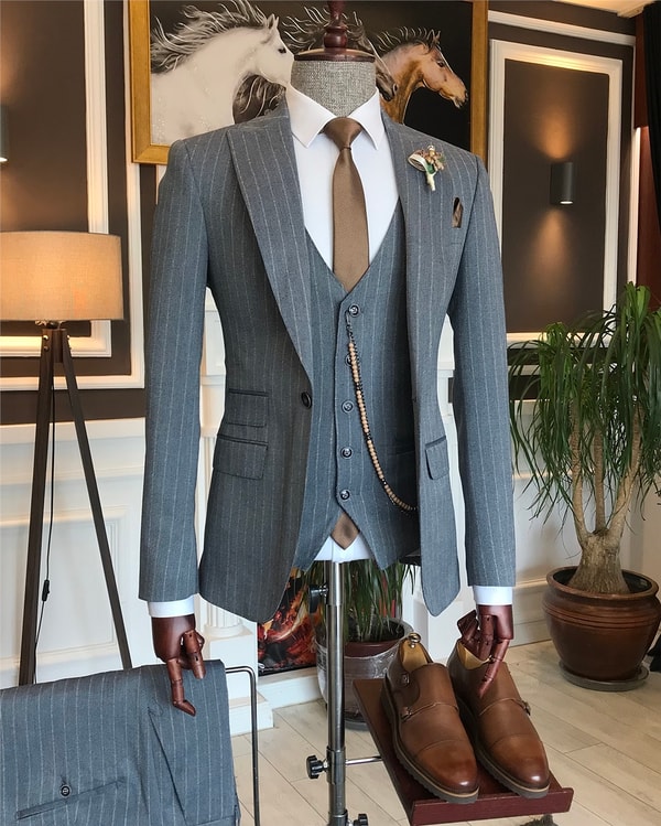 İtalyan stil slim ceket yelek pantolon takım elbise gri T6238 · 5