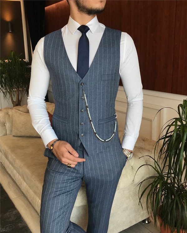 İtalyan stil slim ceket yelek pantolon takım elbise mavi T6234 · 11