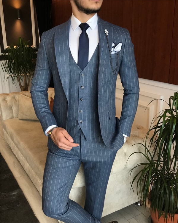 İtalyan stil slim ceket yelek pantolon takım elbise mavi T6234 · 7
