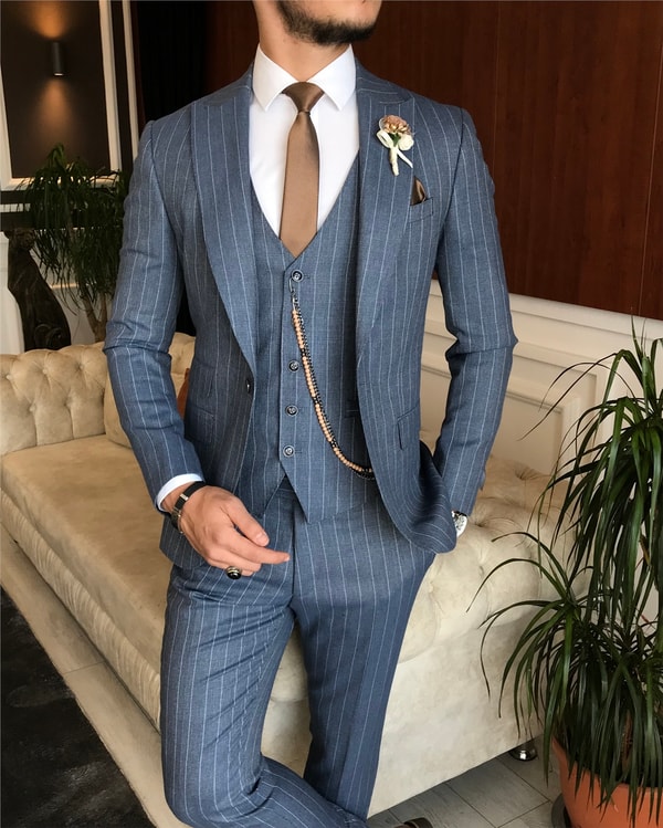 İtalyan stil slim ceket yelek pantolon takım elbise mavi T6234 · 2