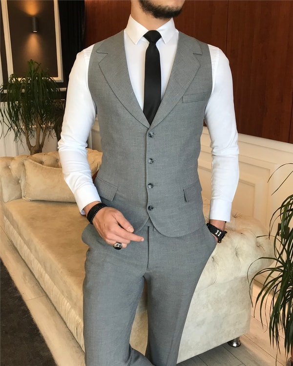 İtalyan stil slim ceket yelek pantolon takım elbise antrasit T6140 · 2