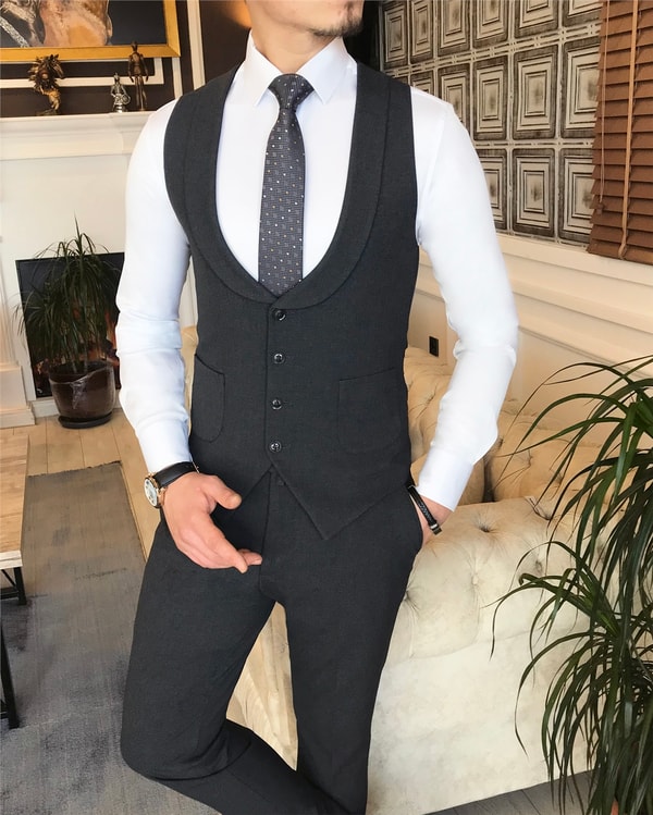 İtalyan stil slim ceket yelek pantolon takım elbise antrasit T6120 · 3