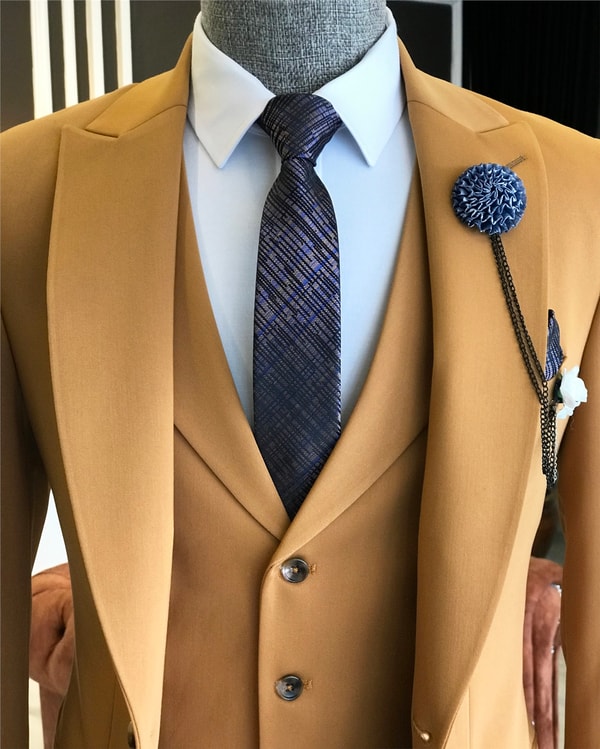 İtalyan stil slim ceket yelek pantolon takım elbise camel T6132 · 3