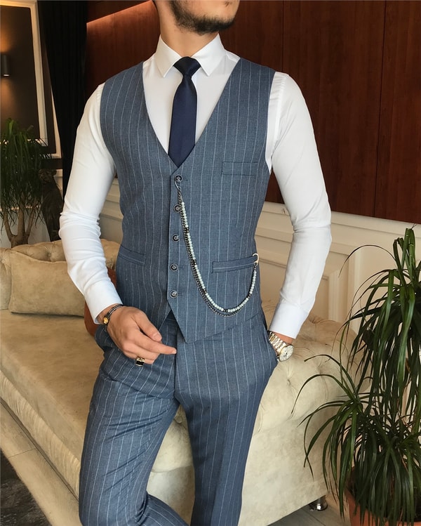 İtalyan stil slim ceket yelek pantolon takım elbise mavi T6234 · 13