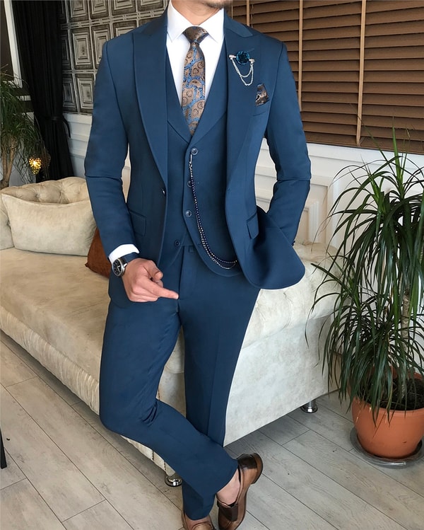 İtalyan stil slim ceket yelek pantolon takım elbise petrol T6130 · 6