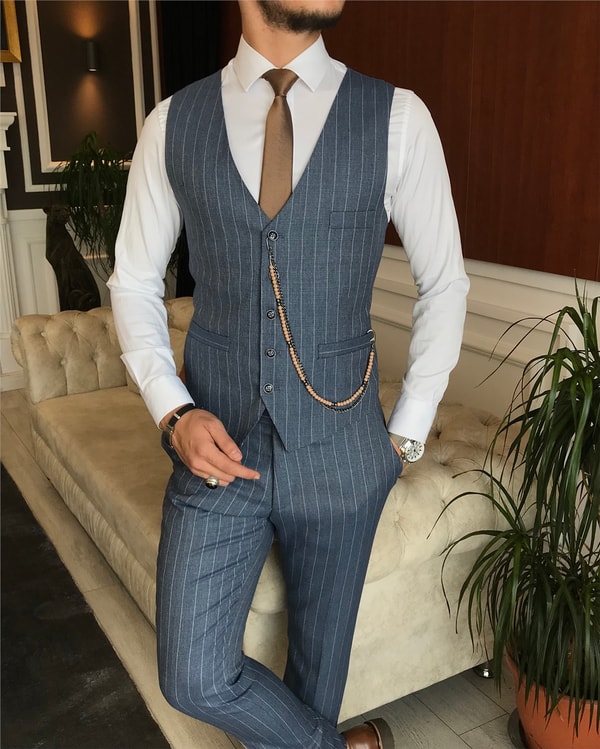 İtalyan stil slim ceket yelek pantolon takım elbise mavi T6234 · 3