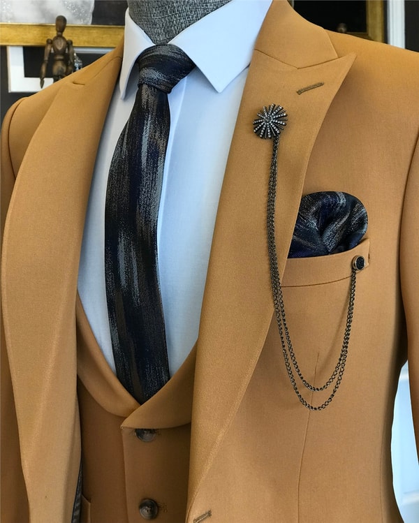 İtalyan stil slim ceket yelek pantolon takım elbise camel T6118 · 6