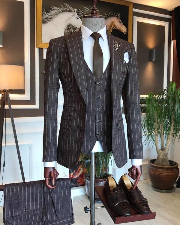 İtalyan stil slim ceket yelek pantolon takım elbise kahverengi T6232 · 3