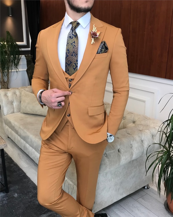 İtalyan stil slim ceket yelek pantolon takım elbise camel T6118 · 2