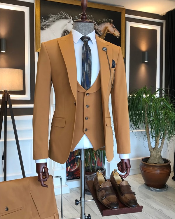 İtalyan stil slim ceket yelek pantolon takım elbise camel T6118 · 4