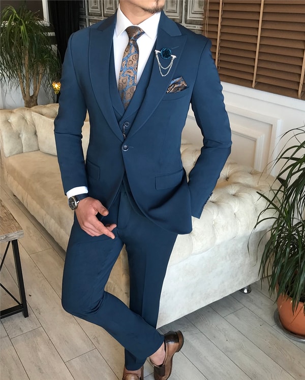İtalyan stil slim ceket yelek pantolon takım elbise petrol T6130 · 5