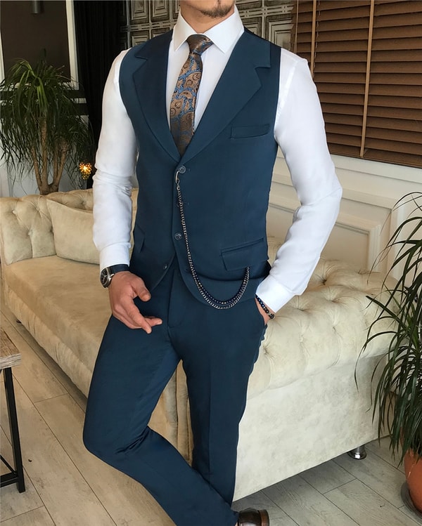 İtalyan stil slim ceket yelek pantolon takım elbise petrol T6130 · 8
