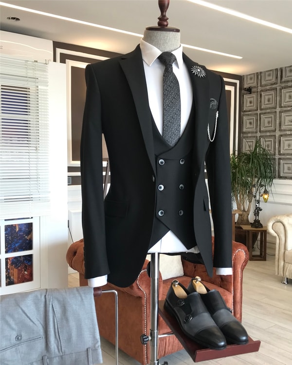 İtalyan stil slim ceket yelek pantolon kombin Siyah T4522 · 7