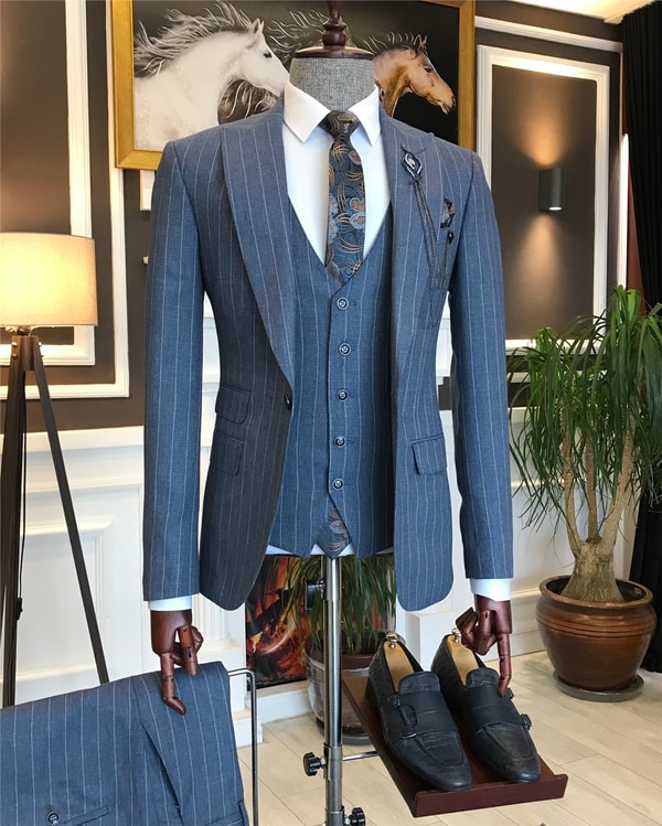 İtalyan stil slim ceket yelek pantolon takım elbise mavi T6234 · 14