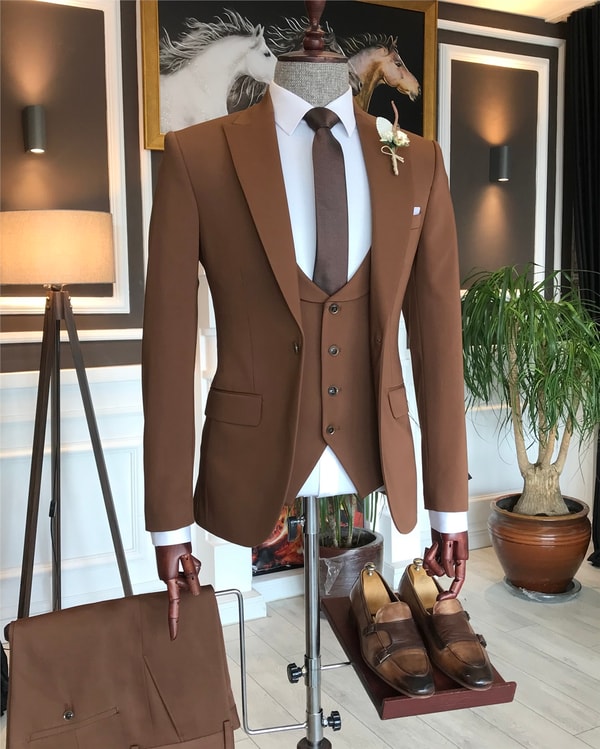 İtalyan stil slim ceket yelek pantolon takım elbise kahverengi T6119 · 2