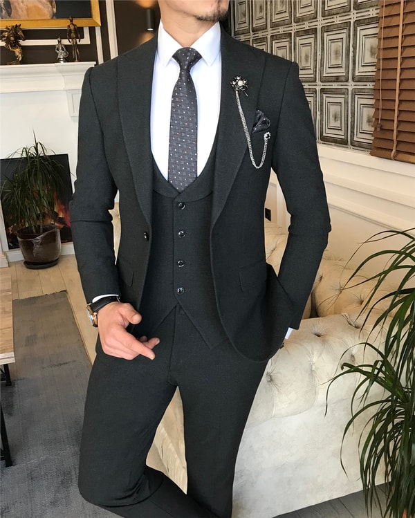 İtalyan stil slim ceket yelek pantolon takım elbise antrasit T6120 · 2