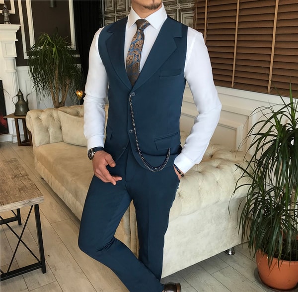 İtalyan stil slim ceket yelek pantolon takım elbise petrol T6125 · 6