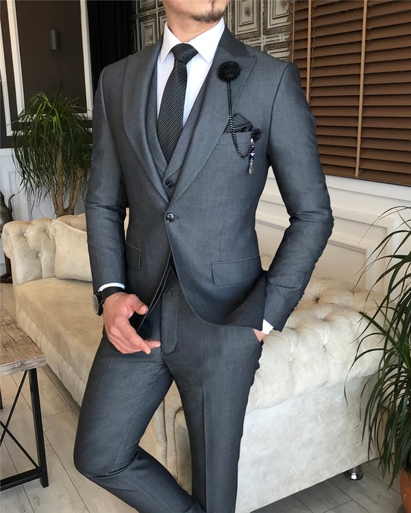 İtalyan stil slim ceket yelek pantolon takım elbise siyah T6127 · 2