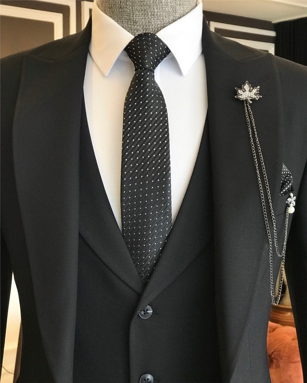 İtalyan stil slim ceket yelek pantolon takım elbise siyah T6122 · 2