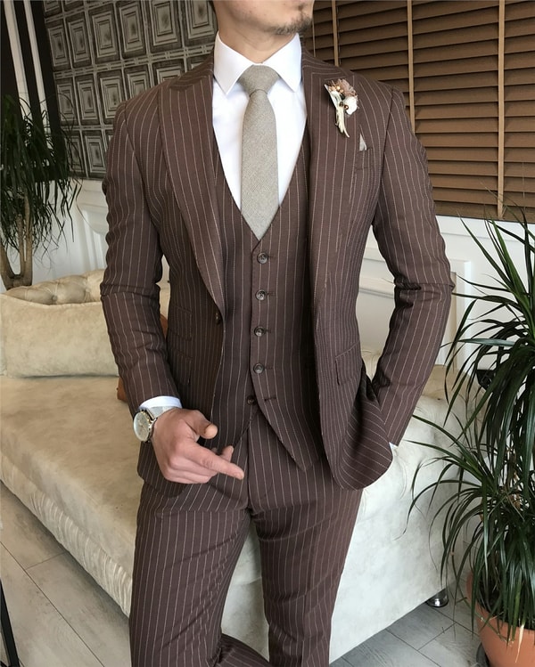 İtalyan stil slim ceket yelek pantolon takım elbise kahverengi T5956 · 5
