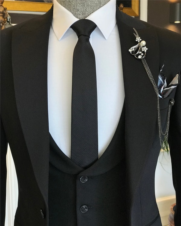 İtalyan stil slim ceket yelek pantolon takım elbise siyah T6115 · 3
