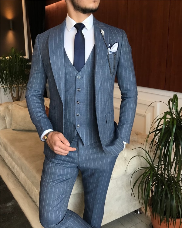 İtalyan stil slim ceket yelek pantolon takım elbise mavi T6234 · 8