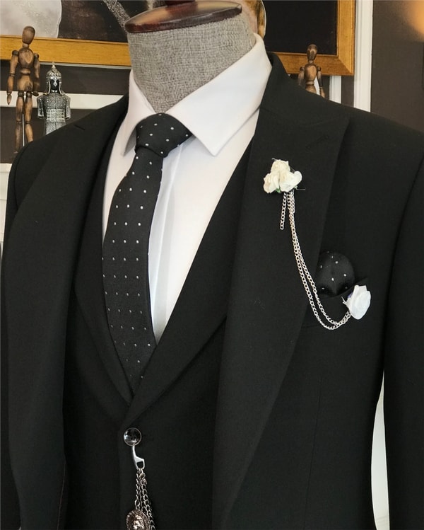 İtalyan stil slim ceket yelek pantolon takım elbise siyah T6121 · 7