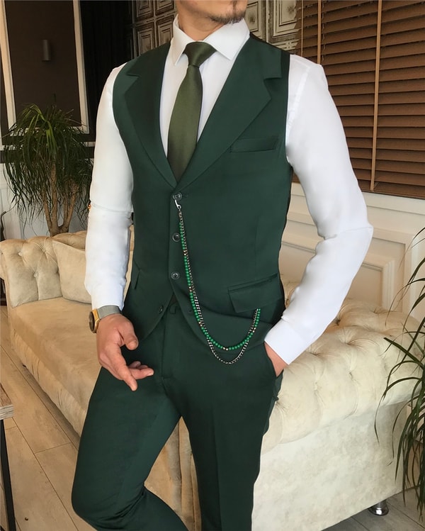İtalyan stil slim ceket yelek pantolon takım elbise yeşil T6135 · 4