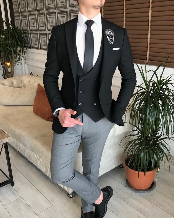 İtalyan stil slim ceket yelek pantolon kombin Siyah T4522 · 2