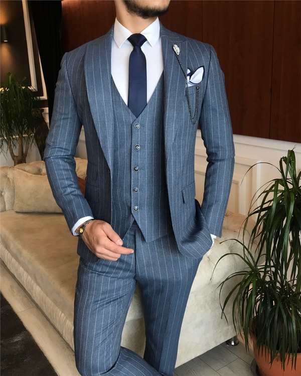 İtalyan stil slim ceket yelek pantolon takım elbise mavi T6234 · 9