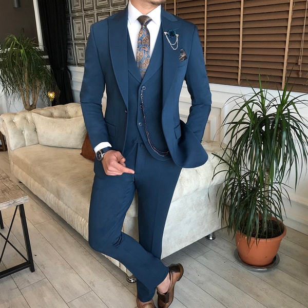 İtalyan stil slim ceket yelek pantolon takım elbise petrol T6125 · 4