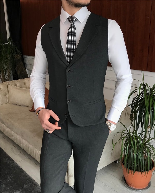 İtalyan stil slim ceket yelek pantolon takım elbise antrasit T6128 · 2