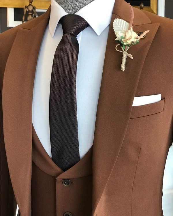 İtalyan stil slim ceket yelek pantolon takım elbise kahverengi T6119 · 3