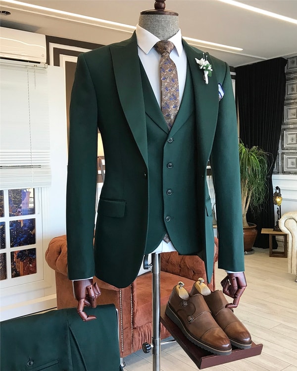 İtalyan stil slim ceket yelek pantolon takım elbise yeşil T6135 · 5