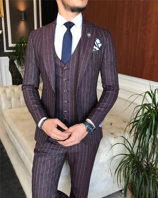 İtalyan stil slim ceket yelek pantolon takım elbise bordo T6231 · 3